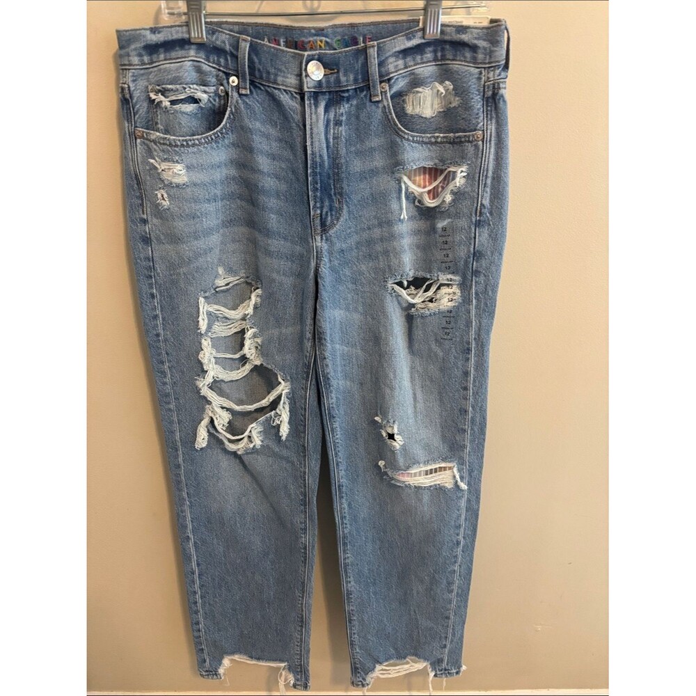 NEW American Eagle 90s Straight Jeans Womens 12 Distressed Ripped Patch Blue